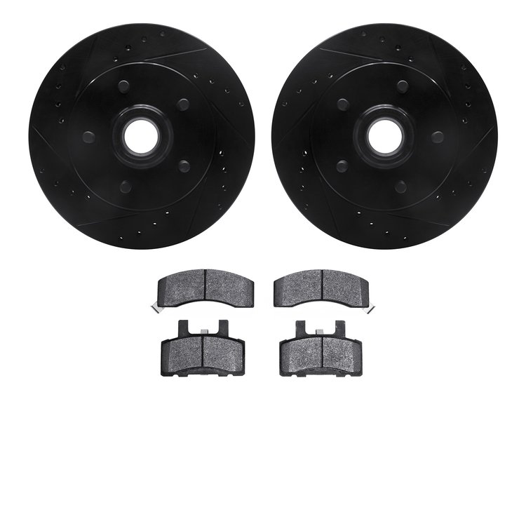 8502-48174 Drilled/Slotted Brake Rotors w/5000 Advanced Brake Pads Kit [Black], 1998-2000 GM, Position: Front