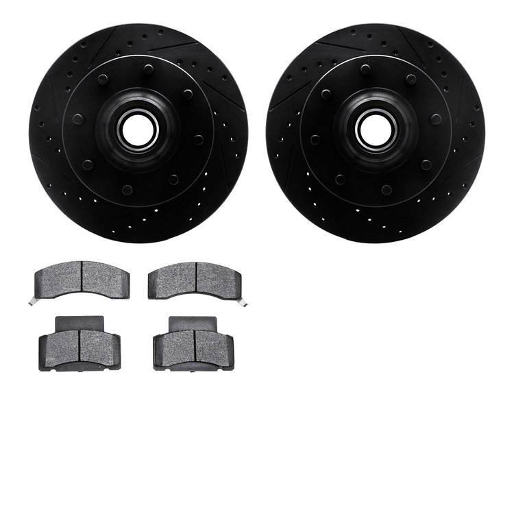 8502-48255 Drilled/Slotted Brake Rotors w/5000 Advanced Brake Pads Kit [Black], 2001-2002 GM, Position: Front