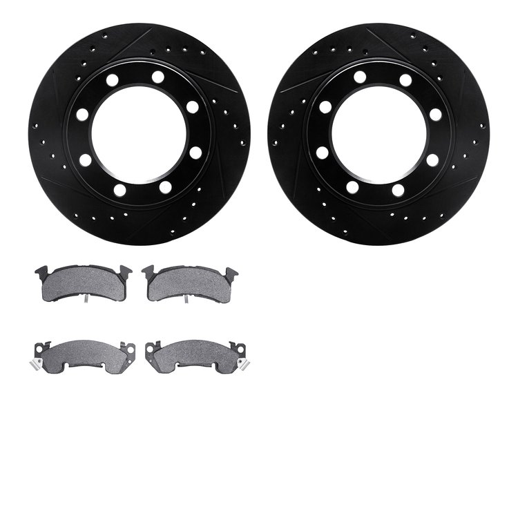 8502-48351 Drilled/Slotted Brake Rotors w/5000 Advanced Brake Pads Kit [Black], 1979-1991 GM, Position: Front