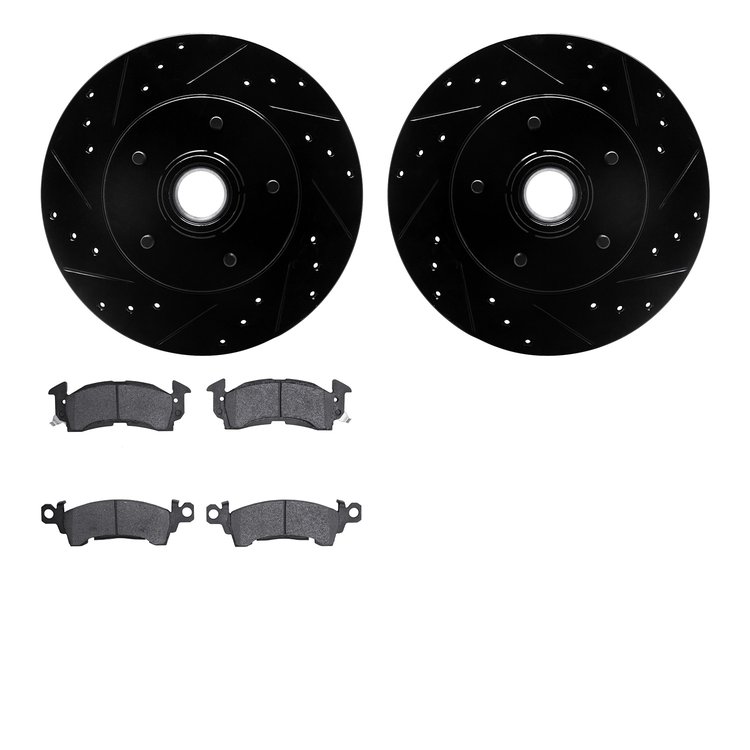 8502-51001 Drilled/Slotted Brake Rotors w/5000 Advanced Brake Pads Kit [Black], 1991-1996 GM, Position: Front