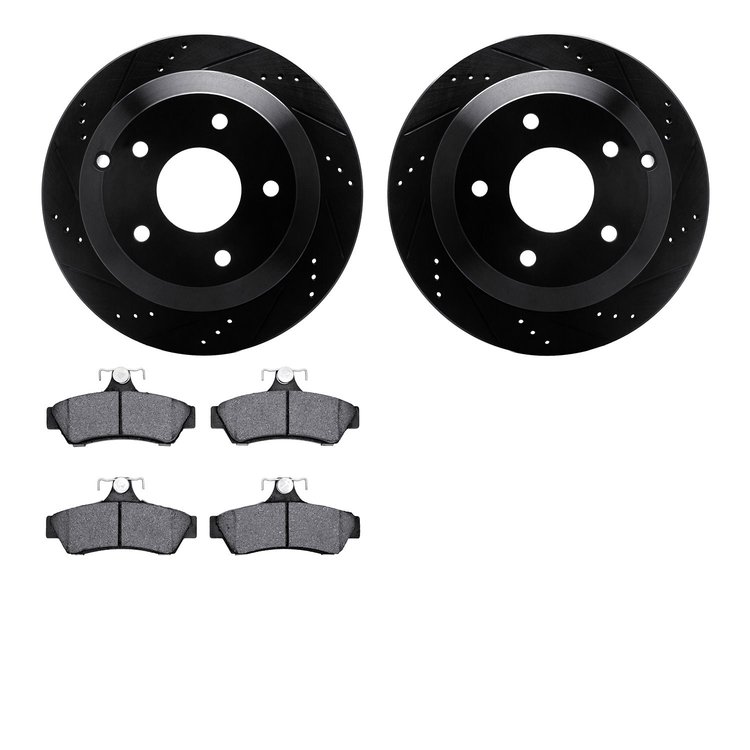 8502-52003 Drilled/Slotted Brake Rotors w/5000 Advanced Brake Pads Kit [Black], 2005-2006 GM, Position: Rear