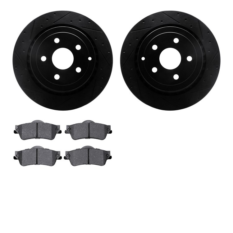 8502-52004 Drilled/Slotted Brake Rotors w/5000 Advanced Brake Pads Kit [Black], 2008-2017 GM, Position: Rear