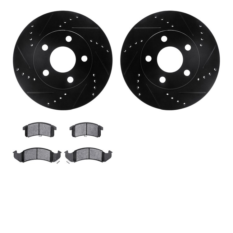 8502-52035 Drilled/Slotted Brake Rotors w/5000 Advanced Brake Pads Kit [Black], 1997-1999 GM, Position: Front