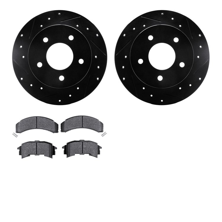 8502-52040 Drilled/Slotted Brake Rotors w/5000 Advanced Brake Pads Kit [Black], 1984-1988 GM, Position: Rear
