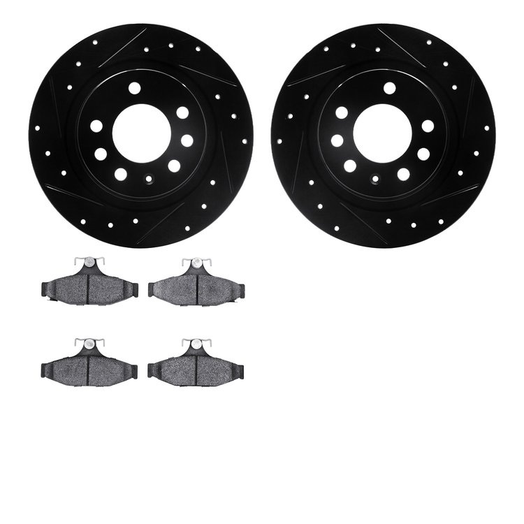 8502-52043 Drilled/Slotted Brake Rotors w/5000 Advanced Brake Pads Kit [Black], 1985-1992 GM, Position: Rear