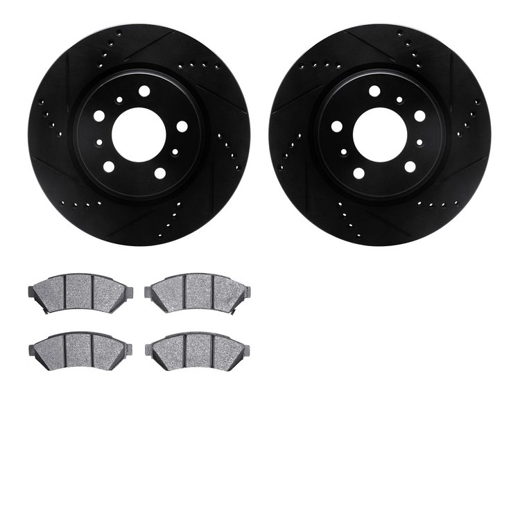 8502-52082 Drilled/Slotted Brake Rotors w/5000 Advanced Brake Pads Kit [Black], 2004-2008 GM, Position: Front