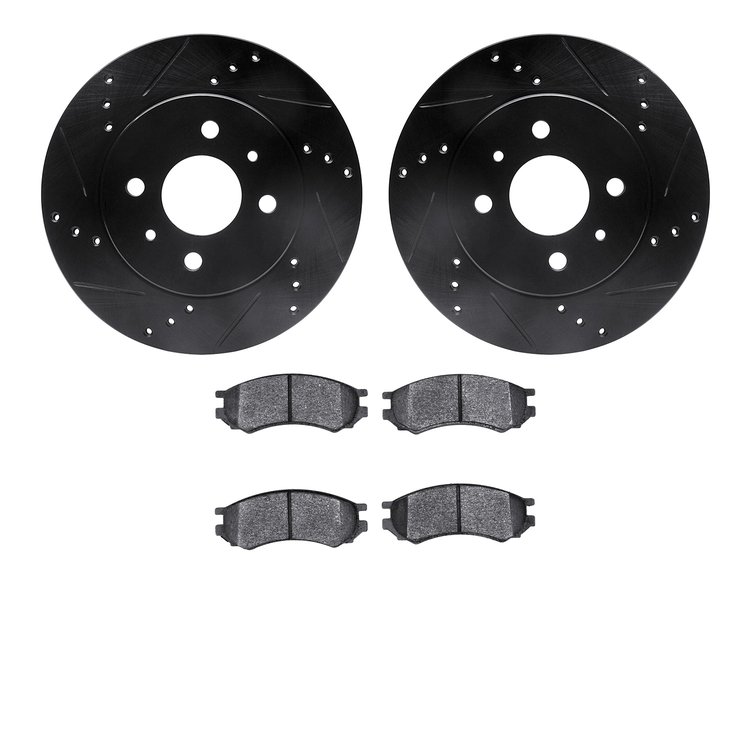 8502-53001 Drilled/Slotted Brake Rotors w/5000 Advanced Brake Pads Kit [Black], 1991-2002 GM, Position: Front