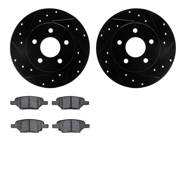 8502-53004 Drilled/Slotted Brake Rotors w/5000 Advanced Brake Pads Kit [Black], 2004-2012 GM, Position: Rear