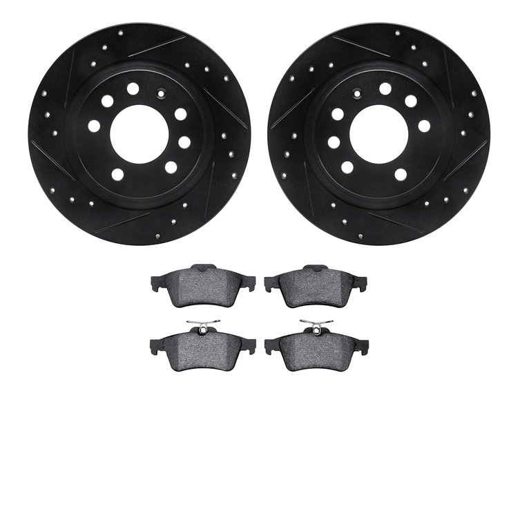 8502-53007 Drilled/Slotted Brake Rotors w/5000 Advanced Brake Pads Kit [Black], 2006-2010 GM, Position: Rear
