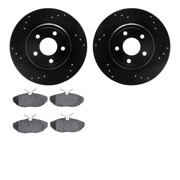 8502-54016 Drilled/Slotted Brake Rotors w/5000 Advanced Brake Pads Kit [Black], 2000-2005 Jaguar, Position: Rear