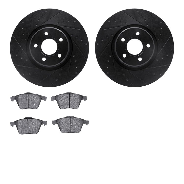 8502-54055 Drilled/Slotted Brake Rotors w/5000 Advanced Brake Pads Kit [Black], 2004-2013 Volvo, Position: Front