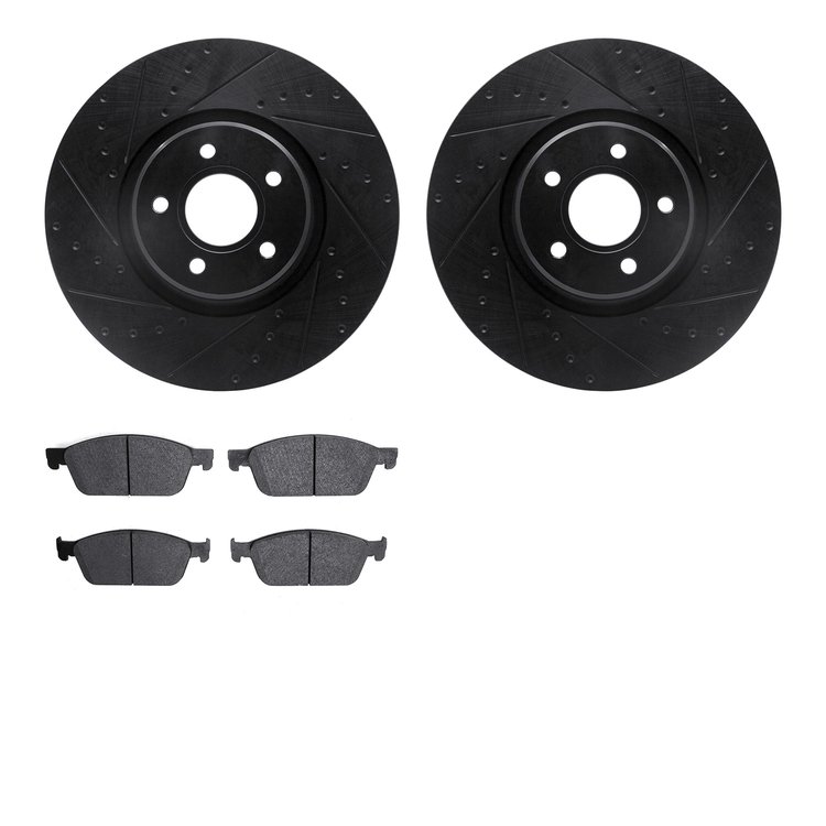 8502-54056 Drilled/Slotted Brake Rotors w/5000 Advanced Brake Pads Kit [Black], 2013-2019 Ford/Lincoln/Mercury/Mazda, Position: 