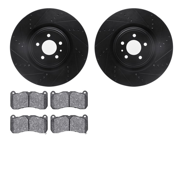 8502-54057 Drilled/Slotted Brake Rotors w/5000 Advanced Brake Pads Kit [Black], 2013-2014 Ford/Lincoln/Mercury/Mazda, Position: 