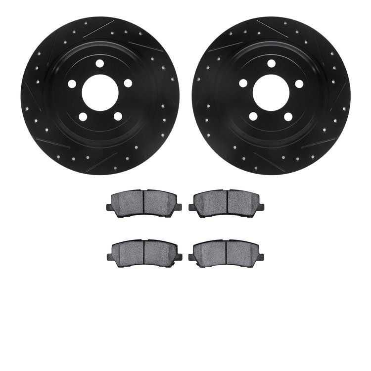 8502-54061 Drilled/Slotted Brake Rotors w/5000 Advanced Brake Pads Kit [Black], 2015-2021 Ford/Lincoln/Mercury/Mazda, Position: 