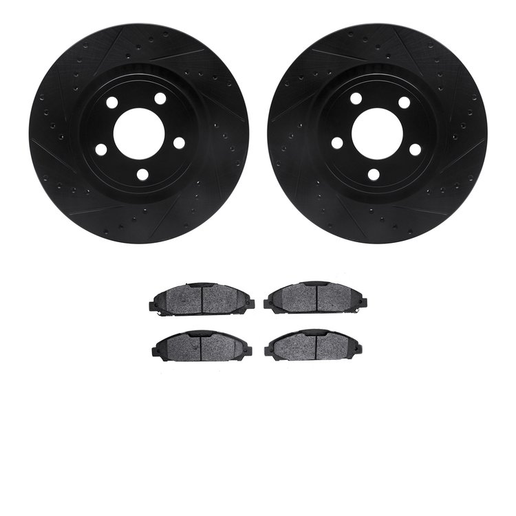 8502-54062 Drilled/Slotted Brake Rotors w/5000 Advanced Brake Pads Kit [Black], 2015-2020 Ford/Lincoln/Mercury/Mazda, Position: 