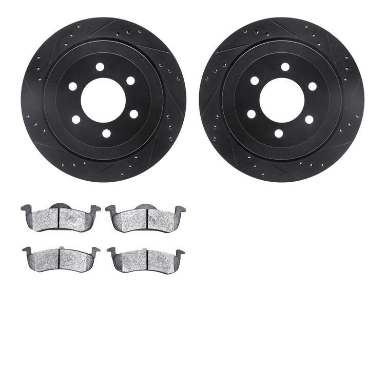 8502-54085 Drilled/Slotted Brake Rotors w/5000 Advanced Brake Pads Kit [Black], 2010-2017 Ford/Lincoln/Mercury/Mazda, Position: 