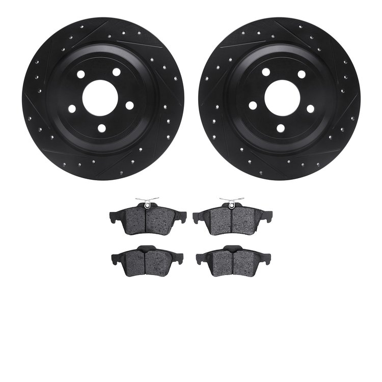 8502-54097 Drilled/Slotted Brake Rotors w/5000 Advanced Brake Pads Kit [Black], 2016-2018 Ford/Lincoln/Mercury/Mazda, Position: 