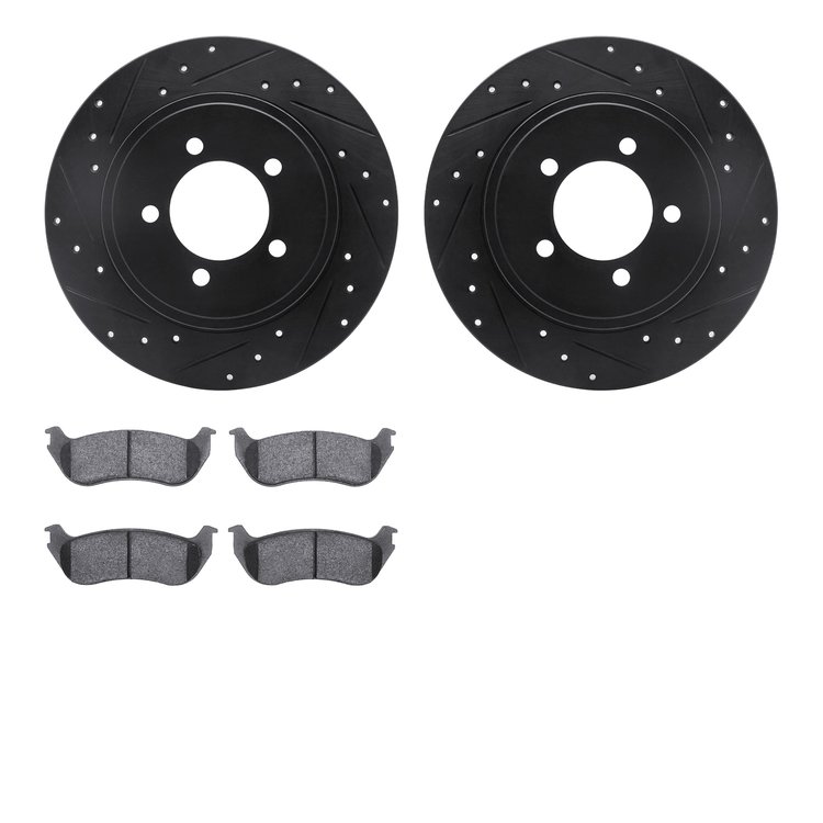 8502-54145 Drilled/Slotted Brake Rotors w/5000 Advanced Brake Pads Kit [Black], 2002-2005 Ford/Lincoln/Mercury/Mazda, Position: 