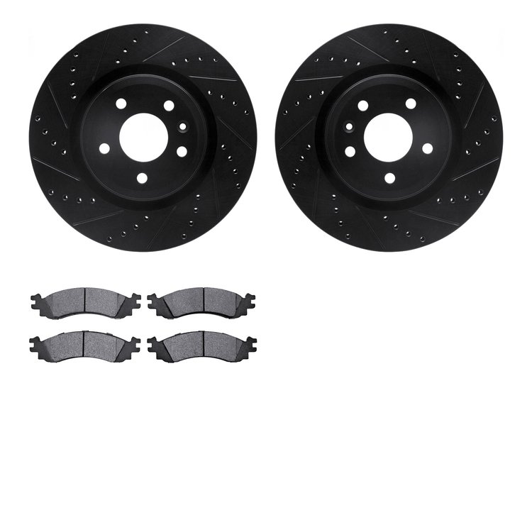 8502-54204 Drilled/Slotted Brake Rotors w/5000 Advanced Brake Pads Kit [Black], 2011-2019 Ford/Lincoln/Mercury/Mazda, Position: 