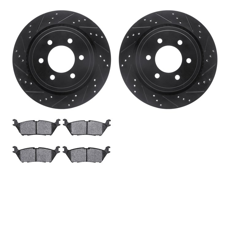 8502-54228 Drilled/Slotted Brake Rotors w/5000 Advanced Brake Pads Kit [Black], 2015-2017 Ford/Lincoln/Mercury/Mazda, Position: 
