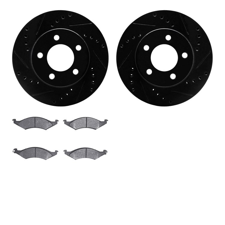 8502-54309 Drilled/Slotted Brake Rotors w/5000 Advanced Brake Pads Kit [Black], 1991-1992 Ford/Lincoln/Mercury/Mazda, Position: 
