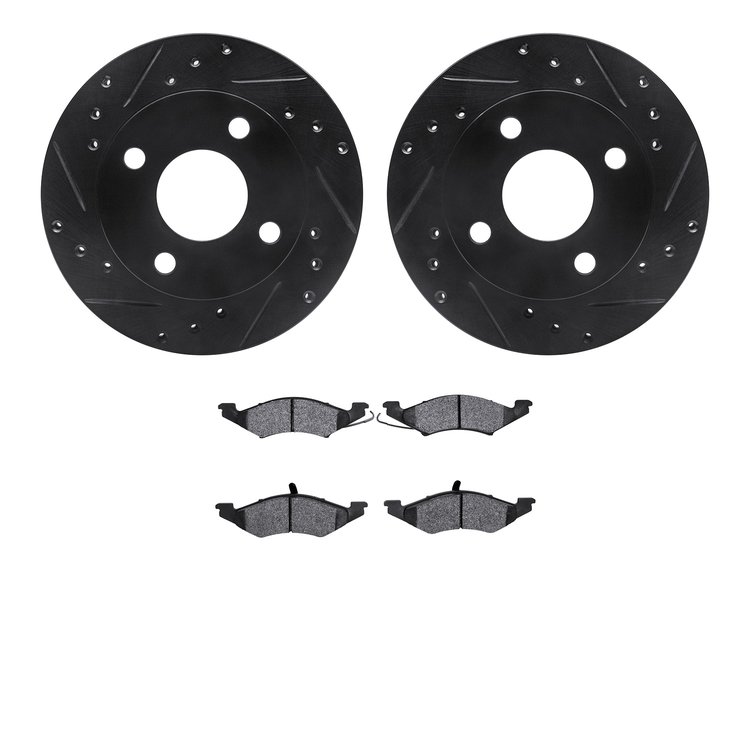 8502-55029 Drilled/Slotted Brake Rotors w/5000 Advanced Brake Pads Kit [Black], 1983-1994 Ford/Lincoln/Mercury/Mazda, Position: 