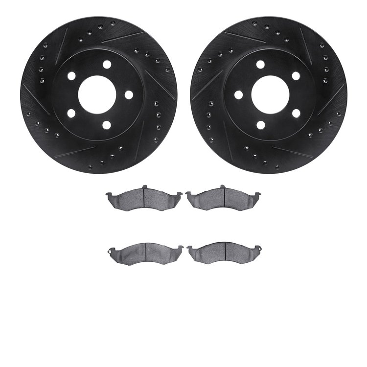 8502-55099 Drilled/Slotted Brake Rotors w/5000 Advanced Brake Pads Kit [Black], 1989-1990 Ford/Lincoln/Mercury/Mazda, Position: 