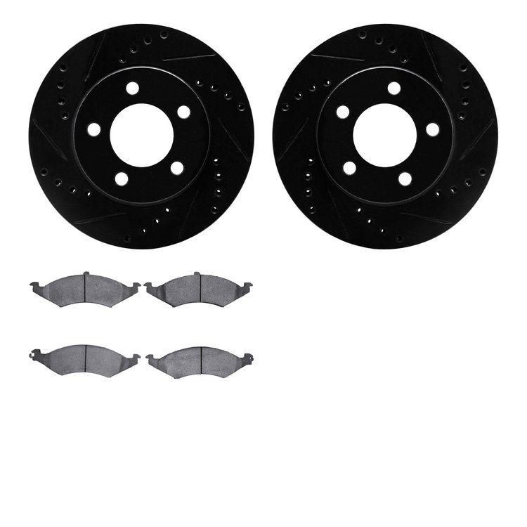 8502-55105 Drilled/Slotted Brake Rotors w/5000 Advanced Brake Pads Kit [Black], 1991-1993 Ford/Lincoln/Mercury/Mazda, Position: 
