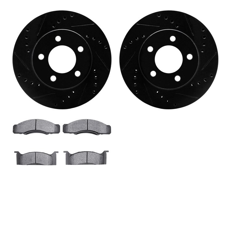 8502-55106 Drilled/Slotted Brake Rotors w/5000 Advanced Brake Pads Kit [Black], 1970-1971 Ford/Lincoln/Mercury/Mazda, Position: 