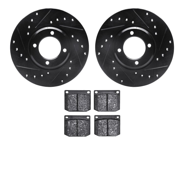 8502-56012 Drilled/Slotted Brake Rotors w/5000 Advanced Brake Pads Kit [Black], 1966-1970 Ford/Lincoln/Mercury/Mazda, Position: 