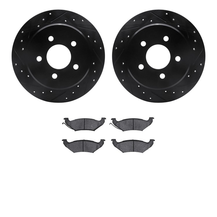 8502-56046 Drilled/Slotted Brake Rotors w/5000 Advanced Brake Pads Kit [Black], 1992-1995 Ford/Lincoln/Mercury/Mazda, Position: 