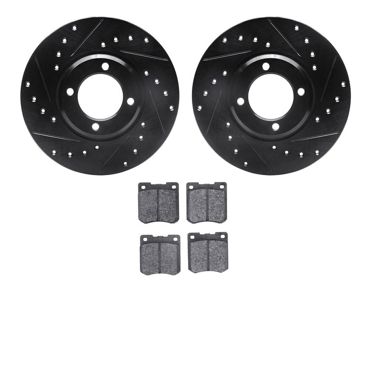 8502-56088 Drilled/Slotted Brake Rotors w/5000 Advanced Brake Pads Kit [Black], 1964-1967 Ford/Lincoln/Mercury/Mazda, Position: 