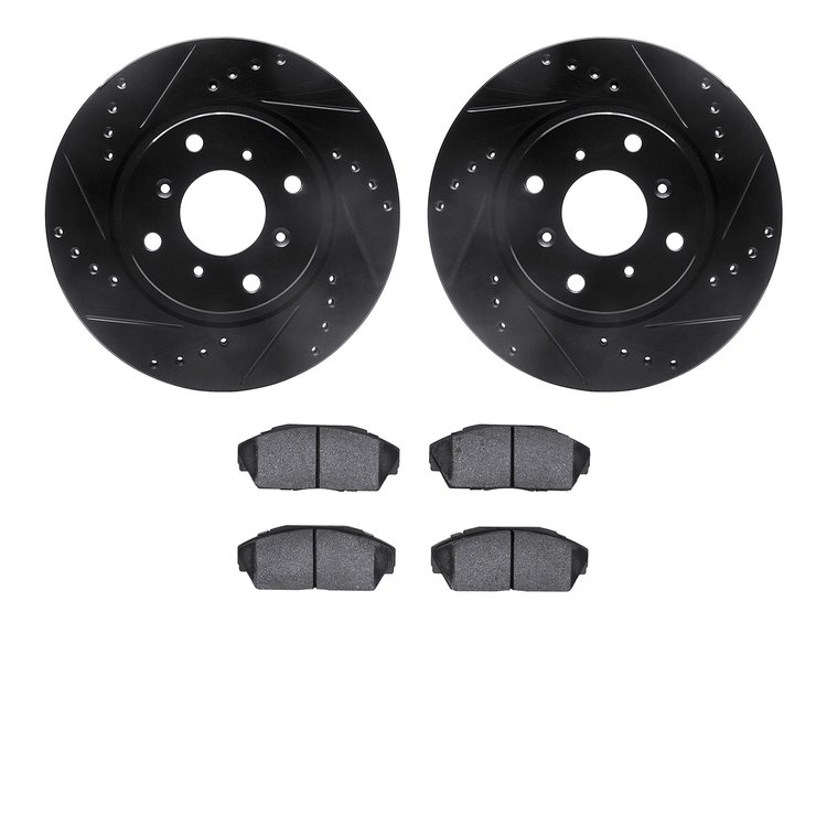 8502-58003 Drilled/Slotted Brake Rotors w/5000 Advanced Brake Pads Kit [Black], 1987-1990 Acura/Honda, Position: Front