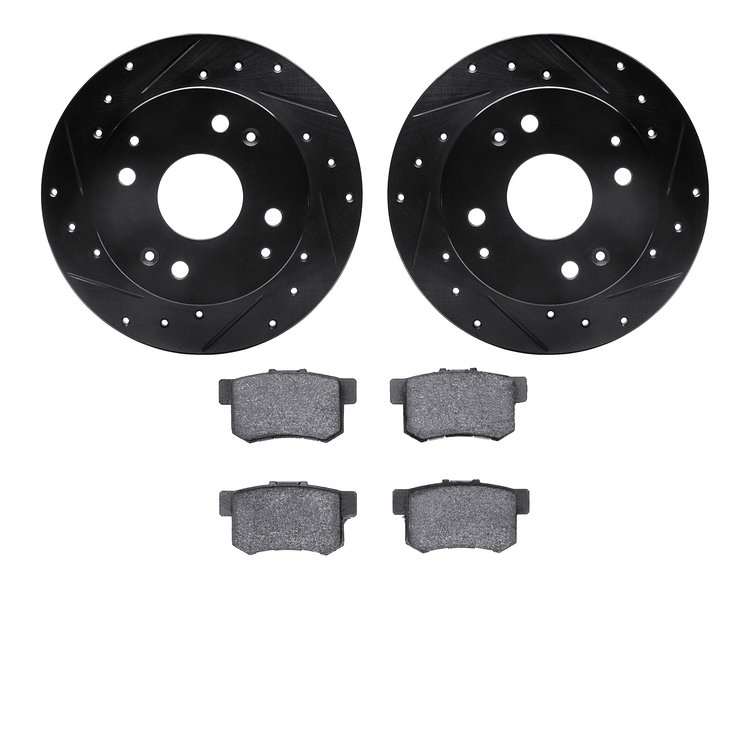 8502-58006 Drilled/Slotted Brake Rotors w/5000 Advanced Brake Pads Kit [Black], 1992-1994 Acura/Honda, Position: Rear