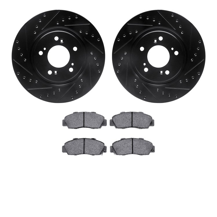 8502-58010 Drilled/Slotted Brake Rotors w/5000 Advanced Brake Pads Kit [Black], 1997-2005 Acura/Honda, Position: Front