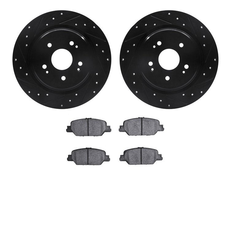 8502-58037 Drilled/Slotted Brake Rotors w/5000 Advanced Brake Pads Kit [Black], Fits Select Acura/Honda, Position: Rear