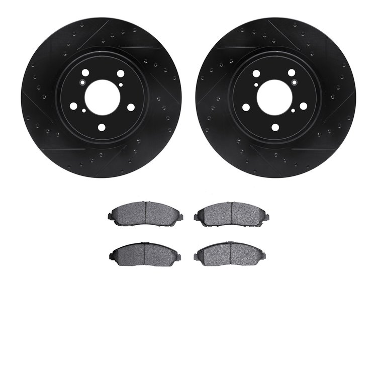8502-58040 Drilled/Slotted Brake Rotors w/5000 Advanced Brake Pads Kit [Black], 2017-2020 Acura/Honda, Position: Front