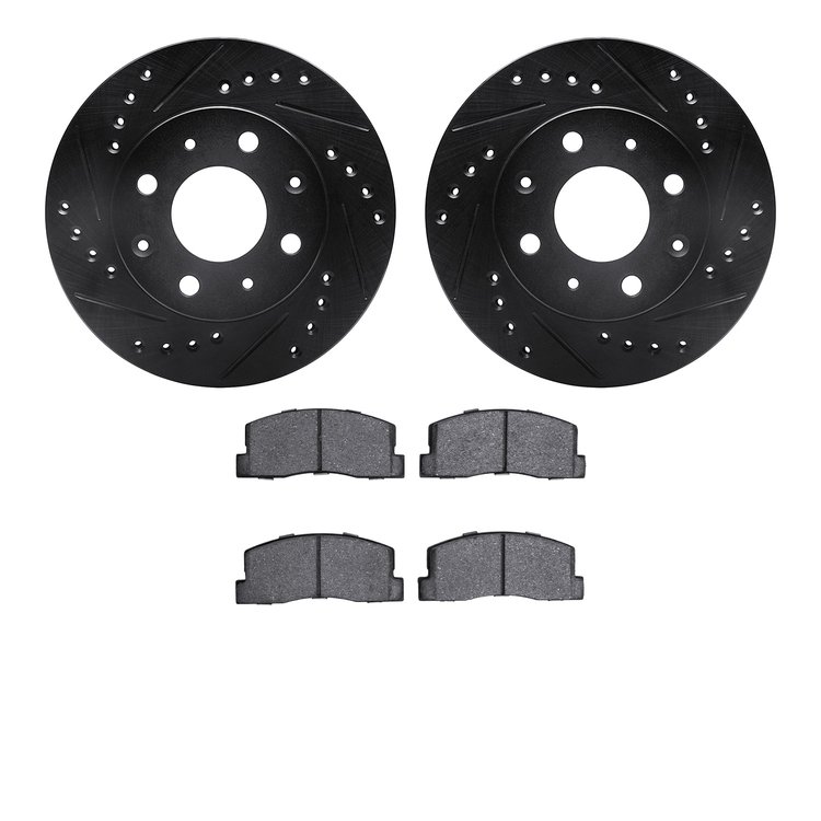 8502-59001 Drilled/Slotted Brake Rotors w/5000 Advanced Brake Pads Kit [Black], 1982-1983 Acura/Honda, Position: Front