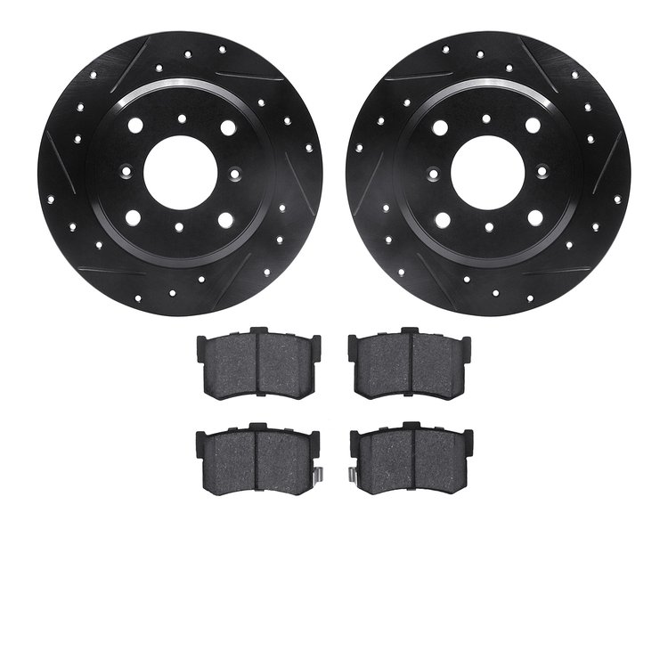 8502-59006 Drilled/Slotted Brake Rotors w/5000 Advanced Brake Pads Kit [Black], 1986-1988 Acura/Honda, Position: Rear