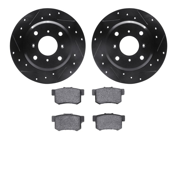 8502-59007 Drilled/Slotted Brake Rotors w/5000 Advanced Brake Pads Kit [Black], 1992-1996 Acura/Honda, Position: Rear