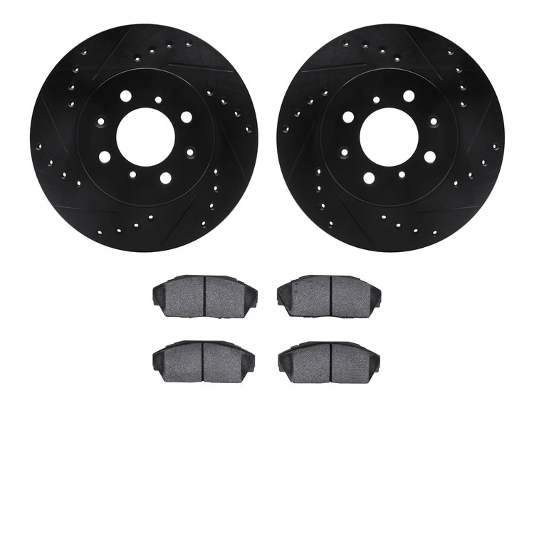 8502-59009 Drilled/Slotted Brake Rotors w/5000 Advanced Brake Pads Kit [Black], 1988-1991 Acura/Honda, Position: Front