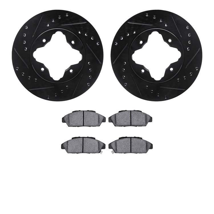 8502-59017 Drilled/Slotted Brake Rotors w/5000 Advanced Brake Pads Kit [Black], 1990-1993 Acura/Honda, Position: Front