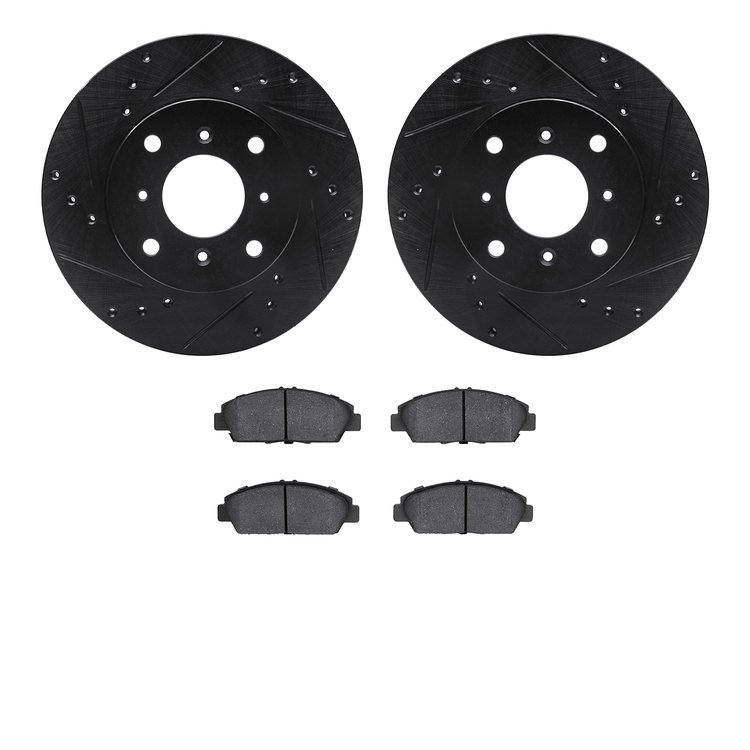 8502-59021 Drilled/Slotted Brake Rotors w/5000 Advanced Brake Pads Kit [Black], 1992-1996 Acura/Honda, Position: Front