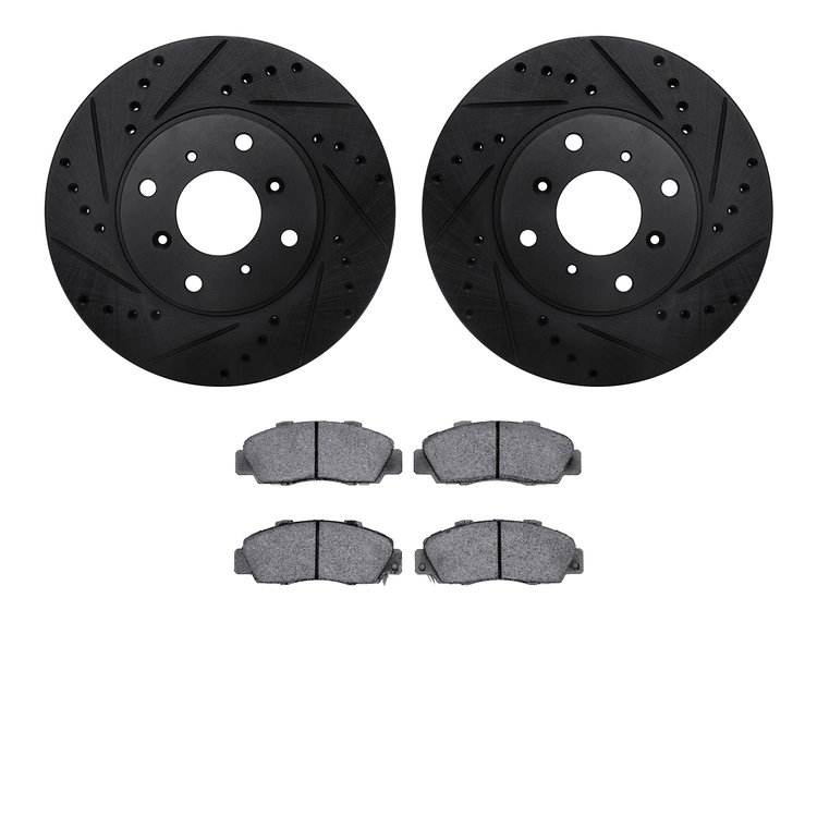 8502-59022 Drilled/Slotted Brake Rotors w/5000 Advanced Brake Pads Kit [Black], 1992-1996 Acura/Honda, Position: Front