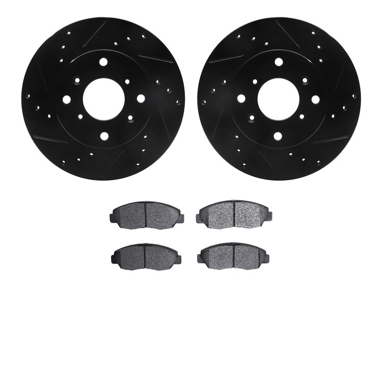 8502-59024 Drilled/Slotted Brake Rotors w/5000 Advanced Brake Pads Kit [Black], 1998-2002 Acura/Honda, Position: Front