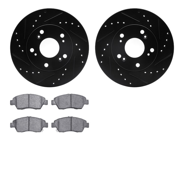 8502-59031 Drilled/Slotted Brake Rotors w/5000 Advanced Brake Pads Kit [Black], 2002-2011 Acura/Honda, Position: Front