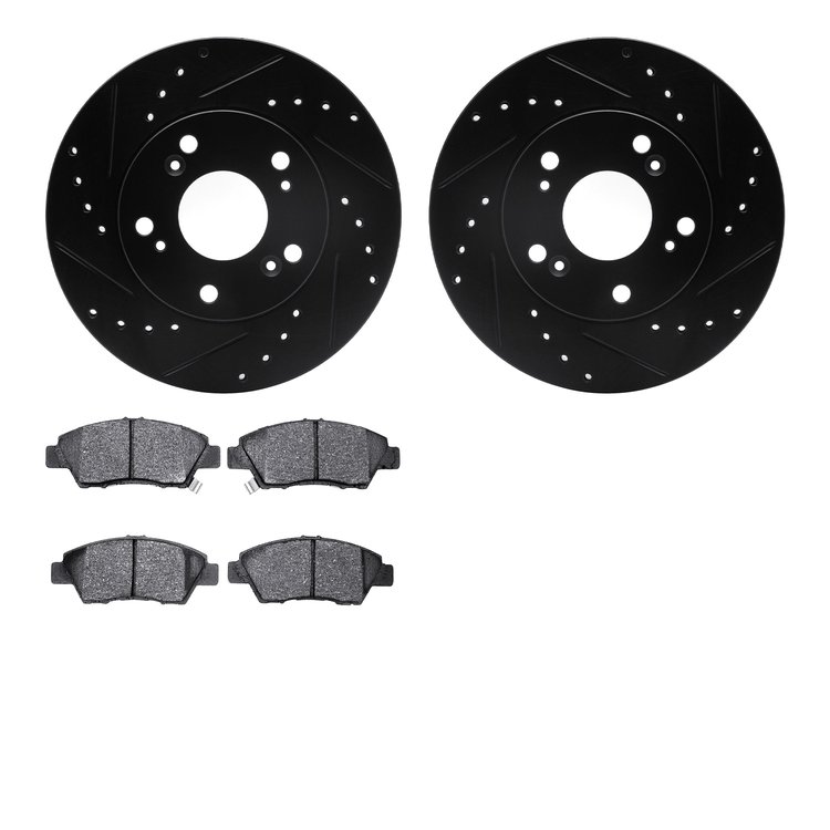 8502-59032 Drilled/Slotted Brake Rotors w/5000 Advanced Brake Pads Kit [Black], 2011-2015 Acura/Honda, Position: Front