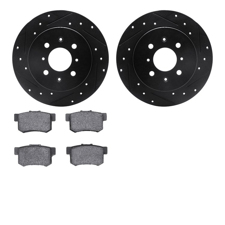 8502-59034 Drilled/Slotted Brake Rotors w/5000 Advanced Brake Pads Kit [Black], 2001-2005 Acura/Honda, Position: Rear