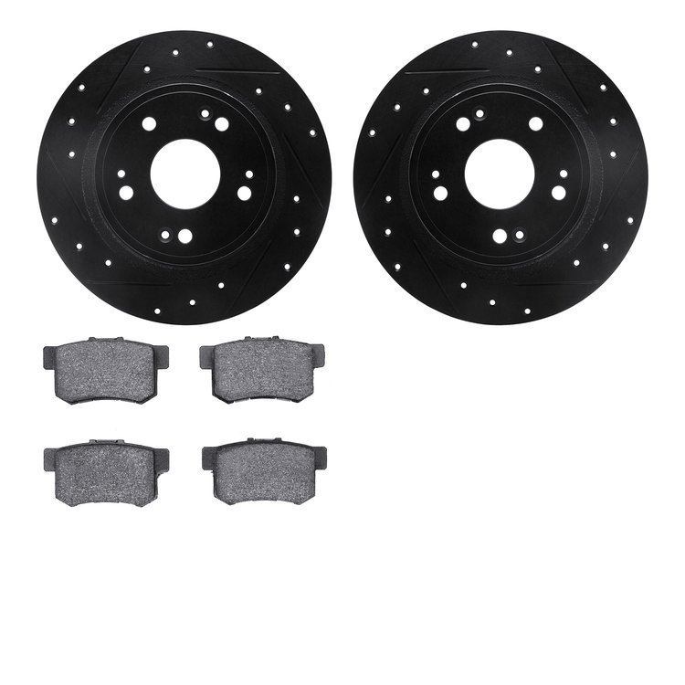 8502-59035 Drilled/Slotted Brake Rotors w/5000 Advanced Brake Pads Kit [Black], Fits Select Acura/Honda, Position: Rear