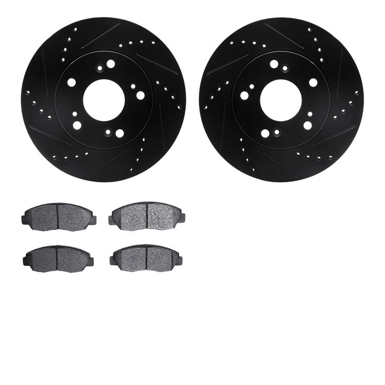 8502-59043 Drilled/Slotted Brake Rotors w/5000 Advanced Brake Pads Kit [Black], 2012-2015 Acura/Honda, Position: Front